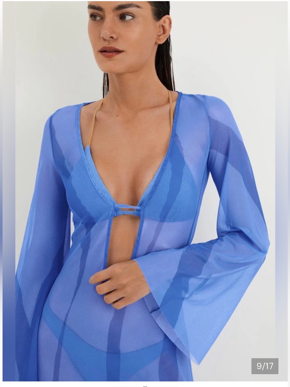 Caroline Constas Two-Tone Blue Sheer Plunge Coverup